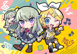 Rule 34 | 2girls, :o, aqua background, bare shoulders, belt, belt buckle, black footwear, black jacket, black sailor collar, black shorts, black sleeves, black socks, blazer, blonde hair, blue eyes, blue skirt, blush stickers, boots, bow, bowtie, brown footwear, buckle, buttons, character doll, collared shirt, detached sleeves, eyelashes, full body, furrowed brow, green hair, grey eyes, hair bow, hair ornament, hairclip, headpiece, holding hands, jacket, kagamine rin, kneehighs, kusanagi nene, lightning bolt symbol, long hair, long sleeves, low-tied long hair, lower teeth only, medium hair, midriff, miniskirt, multiple girls, musical note, neckerchief, nenerobo, ok sign, one eye closed, open mouth, outstretched hand, parted lips, pink bow, pink bowtie, plaid, plaid skirt, pleated skirt, pocket, project sekai, sailor collar, sailor shirt, school uniform, shirt, shoes, shorts, sidelocks, skirt, sleeveless, sleeveless shirt, smile, socks, striped bow, striped bowtie, striped clothes, teeth, terada tera, two-tone background, uwabaki, vocaloid, white bow, white headphones, white shirt, yellow background, yellow belt, yellow neckerchief