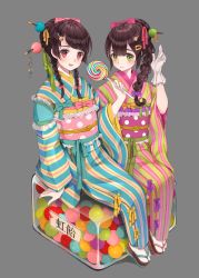 Rule 34 | 2girls, blush, bow, braid, brown hair, candy, food, food-themed hair ornament, frilled kimono, frills, gloves, green eyes, grey background, hair bow, hair ornament, hairpin, hand up, holding, holding candy, holding food, holding lollipop, japanese clothes, kanzashi, kimono, legs together, lollipop, long hair, long sleeves, looking at viewer, multiple girls, obi, original, pink bow, polka dot, red eyes, sandals, sash, side-by-side, simple background, single braid, sitting, smile, striped clothes, striped kimono, swept bangs, twin braids, usamochi., vertical-striped clothes, vertical-striped kimono, white gloves, wide sleeves, zouri