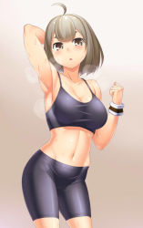 Rule 34 | 1girl, :o, ahoge, arm behind head, arm up, armpits, bare shoulders, bike shorts, black bra, black shorts, blush, bra, breasts, breath, brown background, brown eyes, brown hair, cleavage, collarbone, contrapposto, eyebrows, large breasts, looking at viewer, midriff, myouan, navel, original, parted lips, shiny skin, shorts, simple background, skin tight, skindentation, solo, sports bra, standing, standing on one leg, stomach, sweat, taut clothes, thick eyebrows, underwear, wrist cuffs, wristband