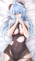 Rule 34 | 1girl, absurdres, ahoge, bangs, bannou ippoutsukou, bare arms, bare shoulders, bed sheet, black legwear, blue eyes, blue hair, blush, bodysuit, breasts, cameltoe, covered mouth, covered navel, eyebrows visible through hair, ganyu (genshin impact), genshin impact, goat horns, hair between eyes, hands over mouth, hands together, hands up, highres, horns, huge filesize, large breasts, leotard, long hair, looking at viewer, lying, on back, red eyes, sidelocks, sleeveless, solo, sweat, sweatdrop, torn bodysuit, torn clothes, torn legwear