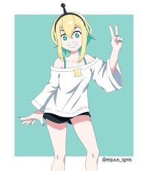 Rule 34 | 1girl, amano pikamee, arm up, artist name, black hairband, black shorts, blonde hair, border, bright pupils, clenched teeth, collarbone, colored inner hair, commentary, english commentary, equus ignis, green background, green eyes, green hair, green nails, hairband, hand up, highres, long sleeves, multicolored hair, off-shoulder shirt, off shoulder, sharp teeth, shirt, short hair, shorts, solo, standing, teeth, twitter username, virtual youtuber, voms, white border, white pupils, white shirt, wide sleeves