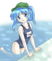 Rule 34 | 1girl, blue eyes, blue hair, clothes writing, female focus, hat, kawashiro nitori, lowres, matching hair/eyes, name tag, one-piece swimsuit, school swimsuit, short hair, solo, swimsuit, touhou, twintails, two side up