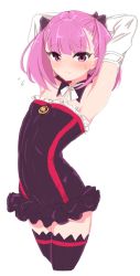 Rule 34 | 1girl, armpits, arms behind head, arms up, bare shoulders, black dress, black ribbon, black thighhighs, blush, breasts, chawan (yultutari), closed mouth, detached collar, detached sleeves, dress, fate/grand order, fate (series), frills, hair ribbon, helena blavatsky (fate), highres, looking at viewer, puffy sleeves, purple eyes, purple hair, ribbon, short dress, short hair, simple background, small breasts, solo, strapless, strapless dress, thighhighs, thighs, white background