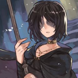 Rule 34 | 1girl, bandaged arm, bandages, black cape, black hair, cape, covered eyes, demon&#039;s souls, fingernails, hands up, holding, holding staff, jewelry, maiden in black, neck ring, necklace, parted lips, rumie, short hair, solo, staff, upper body