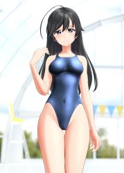 Rule 34 | 1girl, absurdres, ahoge, black eyes, black hair, blue one-piece swimsuit, blurry, blurry background, breasts, commentary request, competition swimsuit, covered navel, cowboy shot, girls und panzer, highres, indoors, isuzu hana, long hair, medium breasts, one-piece swimsuit, solo, string of flags, swimsuit, takafumi, thigh gap