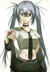 Rule 34 | 1girl, 6kal a, belt, black eyes, black nails, black necktie, breasts, choker, closed mouth, crop top, grey eyes, grey hair, hair between eyes, hetero, highres, holding, jacket, juice box, long hair, looking at viewer, medium breasts, midriff, nail polish, necktie, off shoulder, open clothes, original, pleated skirt, safety pin, shirt, simple background, skirt, solo, sticker, stomach tattoo, studded choker, tattoo, twintails, very long hair, white background