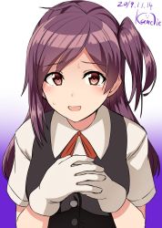 Rule 34 | 1girl, ahoge, blouse, blush, breasts, brown eyes, dated, gloves, gradient background, hagikaze (kancolle), hair ornament, highres, kamelie, kantai collection, large breasts, long hair, looking at viewer, neck ribbon, one-hour drawing challenge, open mouth, purple hair, red ribbon, ribbon, shirt, short sleeves, signature, smile, solo, sweatdrop, tearing up, tears, vest, white gloves, white shirt