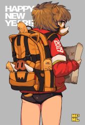 Rule 34 | 1girl, 2019, androgynous, backpack, bag, black shorts, boar, brown hair, chinese zodiac, commentary request, cowboy shot, english text, from behind, grey background, happy new year, holding, holding map, kawatarou, long sleeves, looking at viewer, map, mask, mouth mask, nengajou, new year, orange bag, orange eyes, original, profile, short hair, short shorts, shorts, simple background, solo, year of the pig