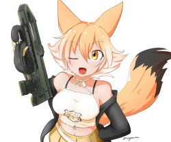 Rule 34 | animal ear fluff, animal ears, black jacket, blonde hair, bullpup, coyote, coyote (kemono friends), gloves, gun, jacket, kemono friends, kemono friends v project, necktie, shirt, shoes, short hair, simple background, skirt, smile, tail, taurine 8000mg, virtual youtuber, weapon, white shirt, wolf ears, wolf tail, yellow eyes, yellow gloves