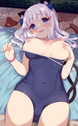 Rule 34 | 1girl, :d, animal ears, blue bow, blue eyes, blue one-piece swimsuit, blush, borrowed character, bow, breasts, cameltoe, cat ears, cat girl, cat tail, clothes pull, commentary request, covered navel, day, fangs, hair bow, hair ornament, hairclip, head tilt, highres, large breasts, long hair, looking at viewer, lying, muku (muku-coffee), multiple tails, nipples, on back, one-piece swimsuit, one-piece swimsuit pull, open mouth, original, outdoors, pulling own clothes, school swimsuit, sheeney (muku), smile, solo, swimsuit, tail, two tails, white hair