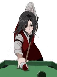 Rule 34 | 1boy, arm strap, ball, billiard ball, black eyes, black hair, black necktie, closed mouth, cue stick, expressionless, highres, jacob l221, kimi ga shine, long hair, long sleeves, looking at viewer, necktie, red vest, satou kai, shirt, simple background, solo, vest, white background, white shirt