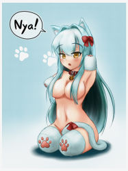 Rule 34 | 1girl, amputee, animal ears, bell, blue hair, blush, bow, breasts, cat ears, cat girl, cat tail, collar, female focus, hair bow, hair censor, hair over breasts, large breasts, long hair, looking at viewer, mikey sukairain, paw print, pet play, quadruple amputee, sitting, solo, speech bubble, tail, very long hair, yellow eyes