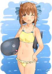 Rule 34 | 1girl, ;d, ahoge, bad id, bad pixiv id, bare arms, bare shoulders, bikini, blue background, blue bow, blush, bow, breasts, collarbone, cowboy shot, frilled bikini, frills, groin, hair bow, hand on own hip, highres, holding, inazuma (kancolle), inflatable shark, inflatable toy, kantai collection, navel, one eye closed, open mouth, osananajimi neko, round teeth, sidelocks, small breasts, smile, solo, standing, stomach, striped, striped bow, swimsuit, tareme, teeth, thighs, yellow bikini