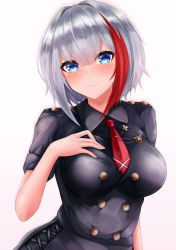 Rule 34 | 1girl, absurdres, admiral graf spee (azur lane), admiral graf spee (girl&#039;s sunday) (azur lane), azur lane, black dress, blue eyes, breasts, brown background, closed mouth, collared dress, commentary request, dress, gradient background, grey hair, hair between eyes, hand up, highres, medium breasts, multicolored hair, necktie, official alternate costume, red hair, red necktie, ryara, short necktie, short sleeves, smile, solo, streaked hair, white background