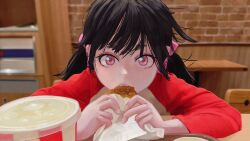Rule 34 | 1girl, black hair, blurry, blurry background, bow, bucket of chicken, casual, close-up, commentary, depth of field, eating, elbow rest, elbows on table, eyelashes, film grain, food, food in mouth, food wrapper, fried chicken, hair bow, hair ribbon, hair strand, highres, holding, holding food, indoors, long hair, long sleeves, looking at viewer, messy hair, original, own hands together, parted lips, photo background, pink bow, pink eyes, pink ribbon, portrait, raglan sleeves, red shirt, restaurant, ribbon, sasha (servachok), servachok, shirt, short eyebrows, solo, staring, table, thick eyebrows, twintails, two-tone shirt, upturned eyes, white shirt