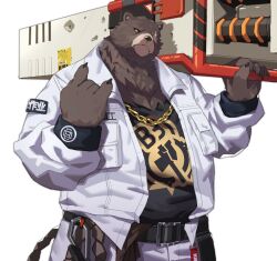 Rule 34 | 1boy, absurdres, animal ears, bara, bear boy, bear ears, ben bigger, black claws, black sclera, black shirt, chain, chain necklace, character request, claws, colored sclera, commentary, english commentary, formal, furry, furry male, gold chain, highres, holding, holding weapon, jacket, jewelry, looking at viewer, male focus, necklace, pants, scar, scar on face, shirt, smile, suit, tool belt, weapon, white background, white pants, white suit, yed (yedsilent), yellow eyes, zenless zone zero
