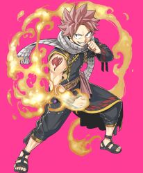 Rule 34 | 1boy, belt, black footwear, black jacket, black pants, brown belt, clenched hand, crossover, fairy tail, fire, full body, gate of nightmares, highres, jacket, looking at viewer, male focus, mashima hiro, natsu dragneel, official art, pants, pink hair, sandals, scarf, short hair, shoulder tattoo, single sleeve, solo, spiked hair, tattoo, transparent background, white scarf