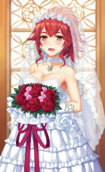 Rule 34 | 1girl, :d, anna (fire emblem), armpits, bare shoulders, blurry, blush, bouquet, breasts, bridal veil, bride, choker, cleavage, collarbone, cowboy shot, depth of field, dress, earrings, elbow gloves, fire emblem, fire emblem awakening, flipped hair, flower, flower earrings, frilled dress, frills, gloves, highres, holding, holding bouquet, holding flower, indoors, jewelry, lace, lace-trimmed dress, lace trim, large breasts, layered dress, long hair, looking at viewer, nintendo, open mouth, pendant, pink flower, pink rose, ponytail, red eyes, red flower, red hair, red ribbon, red rose, ribbon, rose, see-through, sidelocks, smile, solo, strapless, strapless dress, tareme, tonee, veil, wedding dress, white dress, white gloves, window