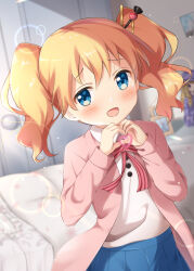 Rule 34 | 1girl, alice cartelet, blonde hair, blue eyes, blue skirt, blush, bow, bowtie, buttons, cardigan, heart, heart hands, kin-iro mosaic, long hair, long sleeves, looking at viewer, mika miche, open cardigan, open clothes, open mouth, pink cardigan, pleated skirt, skirt, smile, solo, striped bow, striped bowtie, striped clothes, twintails, upper body
