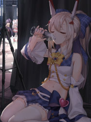 Rule 34 | 3girls, animal ears, asicah, ayanami (azur lane), ayanami (low-key idol @confused) (azur lane), azur lane, backstage, bare shoulders, blue skirt, blurry, blurry background, bottle, bow, breasts, closed eyes, crop top, detached sleeves, drinking, hair between eyes, hair bow, hair ornament, hairband, headgear, highres, holding, holding bottle, idol, javelin (azur lane), javelin (energetic idol @120% motivation!) (azur lane), laffey (azur lane), laffey (bunny idol @unmotivated) (azur lane), long hair, long sleeves, midriff, multiple girls, navel, pantyhose, plaid, plaid skirt, pleated skirt, ponytail, purple hair, rabbit ears, ribbon, shirt, sitting, skirt, sleeveless, sleeveless shirt, small breasts, stage, sweat, thighhighs, twintails, very long hair, wariza, water, white legwear, white shirt