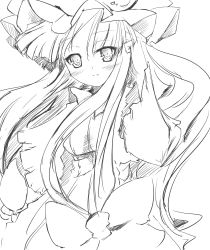 Rule 34 | 1girl, adjusting hair, blush, coo (coonekocoo), female focus, greyscale, happy, hat, highres, long hair, monochrome, patchouli knowledge, simple background, sketch, smile, solo, touhou, white background