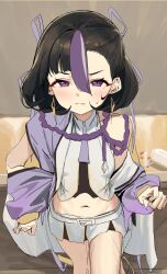 Rule 34 | 1girl, black hair, blush, commission, earrings, eyelashes, goddess of victory: nikke, hair ribbon, highres, jacket, jewelry, looking at viewer, midriff, miniskirt, multicolored hair, open clothes, open jacket, pill, pill bottle, purple eyes, purple hair, ribbon, skeb commission, skirt, solo, streaked hair, sweat, syhan, syuen (nikke)