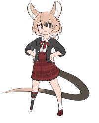 Rule 34 | 1girl, amputee, animal ears, bokoboko (pandagapanda1), brown eyes, brown hair, gambian rat (kemono friends), hands on own hips, highres, jacket, kemono friends, kemono friends 3, mary janes, mechanical legs, missing limb, mouse ears, mouse girl, mouse tail, official alternate costume, plaid, plaid skirt, prosthesis, prosthetic leg, red ribbon, ribbon, shoes, short socks, single mechanical leg, skirt, smile, socks, solo, standing, tail, white fur, white socks