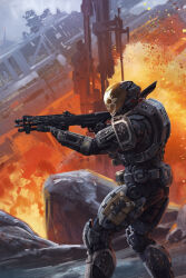 1boy absurdres aiming armor assault_visor concept_art emile-a239 fire from_side gun halo:_reach halo_(series) highres holding holding_gun holding_weapon isaac_hannaford m45_shotgun official_art photoshop_(medium) power_armor science_fiction shotgun shoulder_armor skull_print solo spartan_(halo) weapon