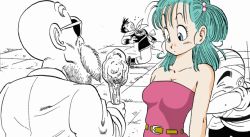 Rule 34 | !, !!, 1girl, 3boys, animated, animated gif, arched back, assisted exposure, bald, bandages, beard, belt, blood, blue eyes, bouncing breasts, breasts, bulging eyes, bulma, closed eyes, clothes pull, comic, dragon ball, dress, dress pull, eye pop, facial hair, green hair, jacket, kuririn, multiple boys, muten roushi, nipples, no bra, nosebleed, old, old man, partially colored, shaft (company), small areolae, sunglasses, undressing, upper body, white background, yamcha