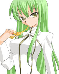 Rule 34 | 00s, 1girl, breasts, c.c., code geass, eating, female focus, food, green hair, pizza, placebo2nd, simple background, solo, standing, upper body, white background