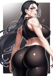 Rule 34 | 1girl, absurdres, aqua eyes, ass, back, bare arms, black hair, black pants, black sports bra, blush, border, breasts, commentary request, covered erect nipples, gradient background, highres, ho haiiro, large breasts, lips, long hair, looking at viewer, looking back, nico robin, one piece, open mouth, pants, smile, solo, sports bra, standing, teeth, upper teeth only, white border