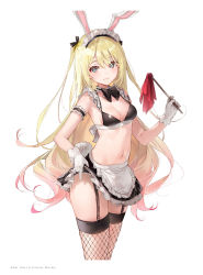 Rule 34 | 1girl, animal ears, apron, armband, bare shoulders, blonde hair, blue eyes, blush, bow, breasts, cleavage, closed mouth, detached collar, dsmile, duster, fake animal ears, fake tail, fishnet thighhighs, fishnets, frills, garter straps, gloves, highres, holding, lifted by self, lips, long hair, maid headdress, medium breasts, midriff, miniskirt, navel, original, rabbit ears, rabbit tail, ribbon, simple background, skirt, smile, solo, stomach, tail, thighhighs, thighs, waist apron, white gloves, zettai ryouiki