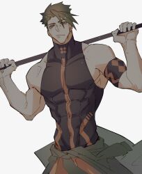 Rule 34 | 1boy, abs, achilles (fate), achilles (fearless diver) (fate), armband, black armband, black shirt, brown eyes, closed mouth, fate/grand order, fate (series), green eyes, green jacket, haruakira, highres, holding, holding polearm, holding weapon, jacket, male focus, muscular, muscular male, navel, pectorals, polearm, shirt, short hair, sidepec, simple background, sleeveless, sleeveless shirt, solo, undercut, weapon, white background