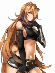 Rule 34 | 1girl, animal ears, ankoku broccoli, arm belt, belt, belt buckle, black gloves, black shorts, breasts, brown hair, buckle, commentary request, cowboy shot, crop top, dagger, elbow gloves, gloves, hair over one eye, highres, knife, long hair, looking at viewer, medium breasts, midriff, navel, original, parted lips, purple eyes, purple scarf, raccoon ears, raccoon tail, scarf, short shorts, shorts, sideboob, simple background, solo, standing, tail, very long hair, weapon, white background