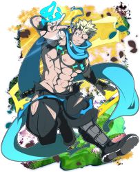 Rule 34 | 1boy, abs, bara, black eyes, black hair, blonde hair, blue scarf, bruise, chest harness, clothing cutout, crow (siranui), full body, harness, highres, horns, injury, jiraiya (housamo), large pectorals, male focus, multicolored hair, navel, nipples, pectorals, running, scarf, shoes, solo, thigh cutout, tokyo houkago summoners, topless male