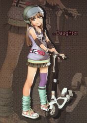 Rule 34 | 1girl, blush, brown hair, flat chest, full body, goggles, helmet, highres, leg warmers, looking at viewer, miniskirt, motor vehicle, motorized scooter, original, pleated skirt, rustle, shoes, skirt, smile, sneakers, solo, standing, tagme, text focus