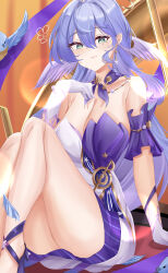 Rule 34 | 1girl, absurdres, aqua eyes, bare shoulders, bird, breasts, choker, commentary, detached sleeves, dress, gloves, head wings, highres, honkai: star rail, honkai (series), knees up, kuro (blackpgmickey), large breasts, long hair, looking at viewer, purple choker, purple hair, robin (honkai: star rail), short sleeves, sitting, smile, solo, strapless, strapless dress, thighs, very long hair, white dress, white gloves, wings