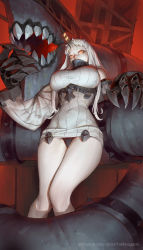 Rule 34 | 10s, 1girl, abyssal ship, black panties, breasts, claws, colored skin, covered mouth, detached sleeves, dress, glowing, glowing eyes, highres, horns, kantai collection, knees together feet apart, large breasts, long hair, looking at viewer, microdress, pale skin, panties, red eyes, ribbed dress, ribbed sweater, seaport princess, short dress, single horn, sweater, sweater dress, thighhighs, timbougami, underwear, very long hair, white hair, white skin