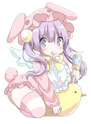 Rule 34 | 1girl, :o, animal ears, animal hat, bib, blue wings, blush, bow, commentary request, hair between eyes, hair ornament, hamada pengin, hat, highres, holding, holding rattle, long hair, long sleeves, looking at viewer, onesie, original, pacifier, parted lips, pink hat, purple eyes, purple hair, rabbit ears, rabbit hat, rabbit tail, rattle, simple background, solo, striped clothes, striped thighhighs, tail, thighhighs, twintails, very long hair, white background, wings, yellow bow