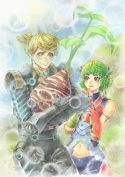 Rule 34 | 1boy, 1other, animal ears, armor, blonde hair, blush, cat ears, clothing cutout, food, green hair, head wings, highres, holding, holding food, holding vegetable, juniper (xenoblade), looking at another, navel cutout, other focus, short hair, vegetable, vvbert, wavy mouth, wings, xenoblade chronicles (series), xenoblade chronicles 3, zeon (xenoblade)