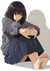 Rule 34 | 1girl, barefoot, black hair, blue eyes, blue skirt, closed mouth, fingers together, grey sweater, hair ornament, mattaku mousuke, medium hair, original, own hands together, pleated skirt, shadow, shirt, sitting, skirt, solo, sweater, sweater, white background
