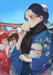 Rule 34 | 3girls, 92m, :d, absurdres, amazake (drink), black-framed eyewear, black hair, black scarf, blue eyes, blue hair, blue kimono, blue sky, commentary request, cup, dateko (92m), drinking, floral print, flower, fur-trimmed kimono, fur trim, glasses, hair flower, hair ornament, highres, holding, holding cup, japanese clothes, kakita (92m), kimono, kinshi no ane (92m), multiple girls, open mouth, original, outdoors, red-framed eyewear, red eyes, red hair, red kimono, scarf, sky, smile, yellow eyes
