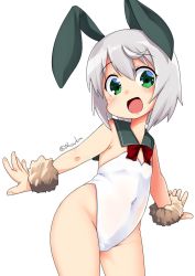 Rule 34 | 1girl, adapted costume, animal ears, cowboy shot, fake animal ears, flat chest, green eyes, green sailor collar, highres, kantai collection, leotard, nassukun, playboy bunny, rabbit ears, red ribbon, ribbon, sailor collar, shimushu (kancolle), short hair, silver hair, simple background, solo, standing, strapless, strapless leotard, twitter username, white background, white leotard, wrist cuffs