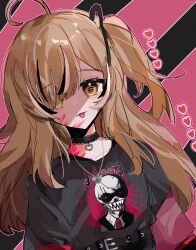 Rule 34 | 1girl, :p, ahoge, black choker, black ribbon, black shirt, black sweater, brown eyes, brown hair, choker, emo fashion, hair over one eye, hair ribbon, hana20000920, heart, highres, hololive, hololive english, jewelry, lace-trimmed choker, lace trim, long hair, looking at viewer, multicolored hair, nanashi mumei, nanashi mumei (emo), necklace, one side up, paint splatter, paint splatter on face, portrait, red sweater, ribbon, shirt, shirt tucked in, streaked hair, striped background, striped clothes, striped sweater, sweater, sweater under shirt, t-shirt, tongue, tongue out, two-tone sweater, virtual youtuber
