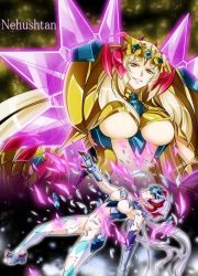 Rule 34 | 10s, 2girls, armor, black background, blonde hair, breasts, claws, clothes disappearing, clothing cutout, eblmeka, fine (symphogear), from below, gauntlets, glowing, grin, headgear, hime cut, large breasts, lips, lipstick, long hair, low-tied long hair, makeup, midriff, multiple girls, navel, navel cutout, nipples, nude, pauldrons, platform footwear, purple hair, senki zesshou symphogear, shoulder armor, simple background, slit pupils, smile, source request, spikes, teeth, text focus, twintails, underboob, underboob cutout, vambraces, very long hair, visor, yellow eyes, yukine chris