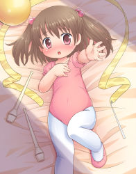 Rule 34 | 1girl, :o, athletic leotard, bad id, bad pixiv id, ball, blush, brown hair, child, gymnastics, gymnastics ribbon, hair bobbles, hair ornament, juggling club, leotard, lying, mizuno mumomo, nose blush, on back, original, outstretched arm, outstretched hand, pantyhose, reaching, red eyes, rhythmic gymnastics, shoes, short hair, solo, twintails, two side up, white pantyhose