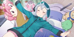 Rule 34 | 1girl, ^ ^, bed, bed sheet, blue hoodie, blush, bow, character request, closed eyes, closed mouth, emphasis lines, eromanga sensei, facing viewer, falling, hair bow, hood, hood up, hoodie, itou (onsoku tassha), izumi sagiri, long sleeves, outstretched arms, pillow, pink bow, pink skirt, skirt, smile, solo, spread arms, stylus