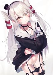 Rule 34 | 1girl, absurdres, amatsukaze (kancolle), black dress, black panties, blush, breasts, censored, cleavage, closed mouth, collarbone, cowboy shot, dress, gloves, groin, hair between eyes, hair tubes, highres, kantai collection, long hair, long sleeves, navel, panties, panty pull, revision, sailor collar, sailor dress, side-tie panties, single glove, solo, suwakana, two side up, underwear, white gloves, white hair, white sailor collar, windsock, yellow eyes