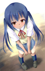 Rule 34 | 1girl, black hair, blue hair, blush, brown eyes, dutch angle, from above, k-on!, light frown, loafers, long hair, nakano azusa, neck ribbon, odaya, odayan, pigeon-toed, pleated skirt, red ribbon, ribbon, school uniform, shoes, shorts tan, skirt, skirt tug, socks, solo, standing, tan, tanline, twintails, v arms