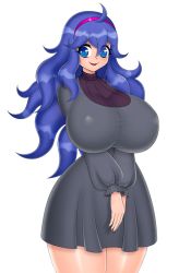 Rule 34 | 10s, 1girl, :d, @ @, ahoge, akiranime, animated, animated gif, ass shake, black sweater, blue eyes, blue hair, bouncing breasts, breasts, creatures (company), game freak, hair between eyes, hairband, heart, hex maniac (pokemon), huge breasts, long hair, long sleeves, looking at viewer, nintendo, npc trainer, open mouth, pale skin, pokemon, pokemon xy, simple background, smile, solo, sweater, upper body, white background